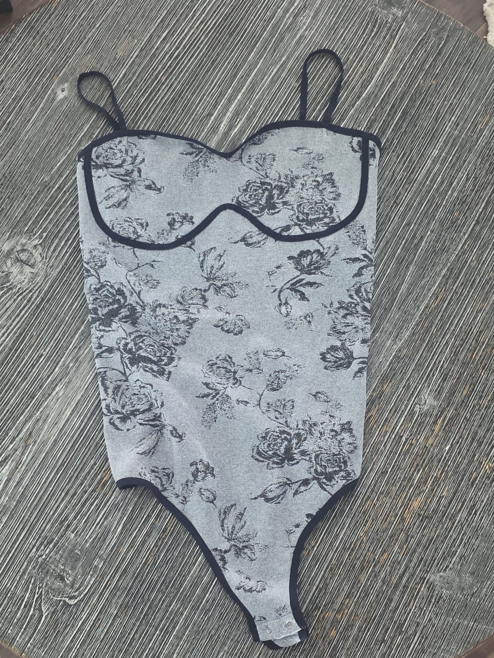 Free People Gray Bodysuit with Black Floral Print